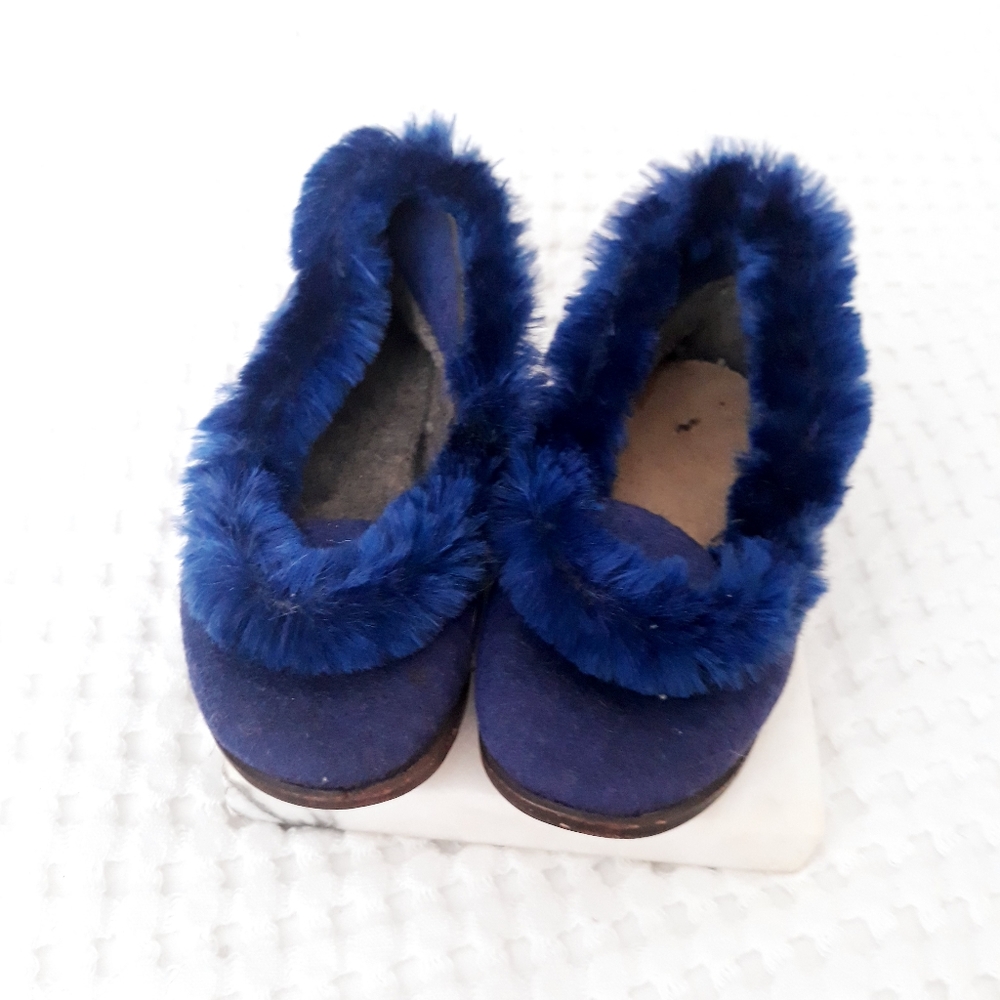 Vintage 1920's Children's Bed Slippers Blue Felt Wool Chenille Trim Wooden Sole - Picture 5 of 12